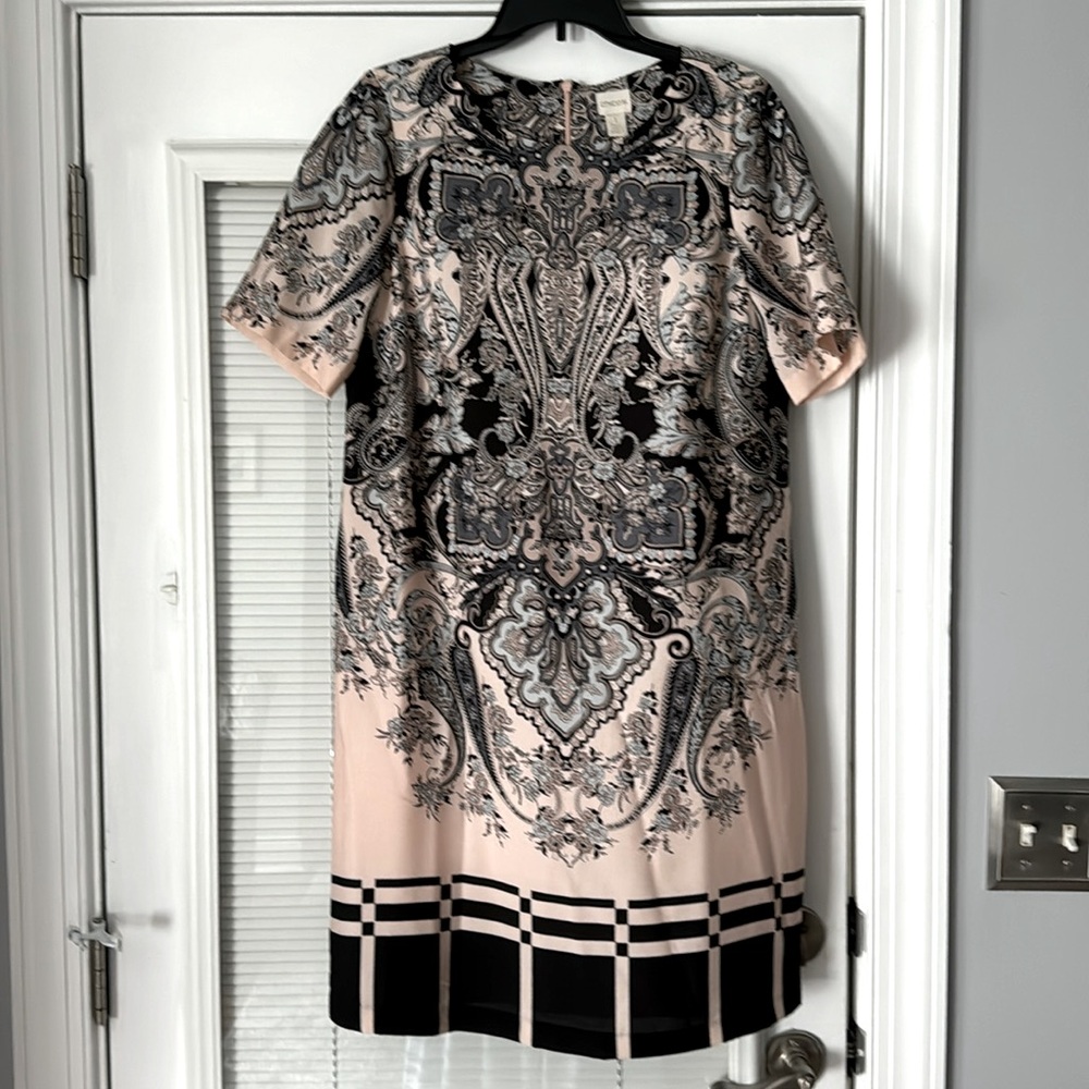Chico’s Dress Size 1 Light pink and black, with light blue paisley.
